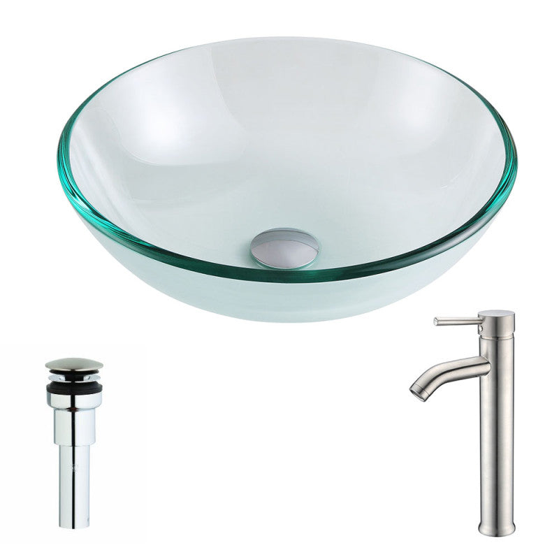 Etude Series Deco-Glass Vessel Sink in Lustrous Clear with Fann Faucet in Brushed Nickel