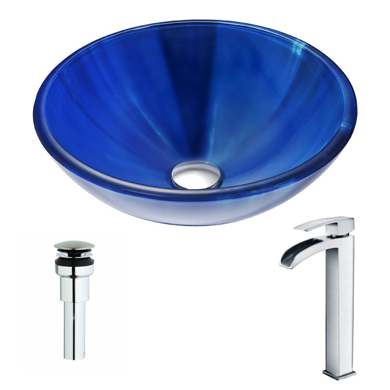 LSAZ051-097 - Meno Series Deco-Glass Vessel Sink in Lustrous Blue with Key Faucet in Polished Chrome