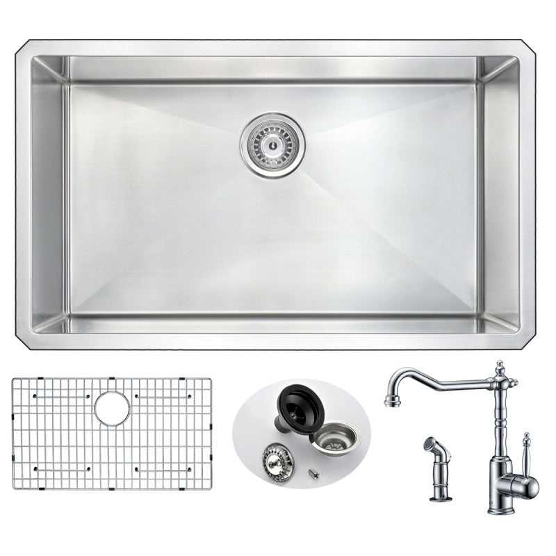VANGUARD Undermount 32 in. Single Bowl Kitchen Sink with Locke Faucet in Polished Chrome