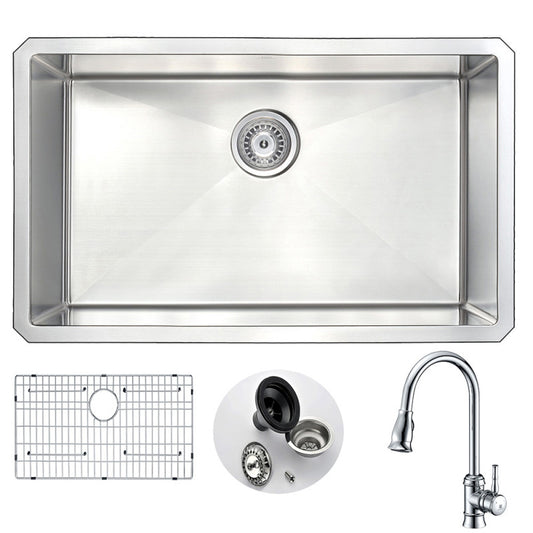 VANGUARD Undermount 30 in. Single Bowl Kitchen Sink with Sails Faucet in Polished Chrome
