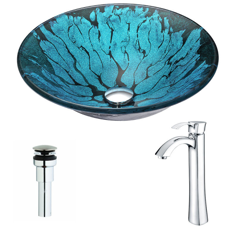 Key Series Deco-Glass Vessel Sink in Lustrous Blue and Black with Harmony Faucet in Brushed Nickel