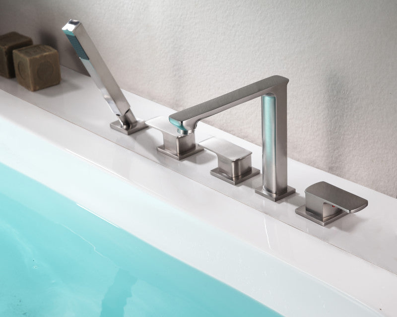 Shore 3-Handle Deck-Mount Roman Tub Faucet with Handheld Sprayer in Brushed Nickel