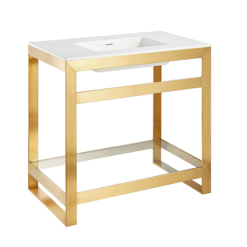 Orchard 36 in. Console Sink in Brushed Gold with Glossy White Counter Top