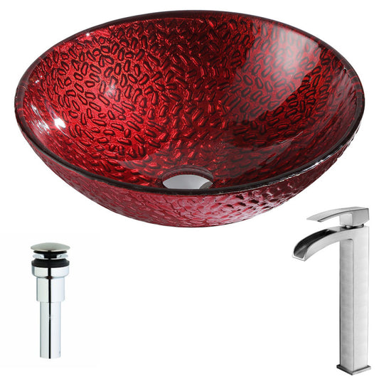 Rhythm Series Deco-Glass Vessel Sink in Lustrous Red with Key Faucet in Brushed Nickel