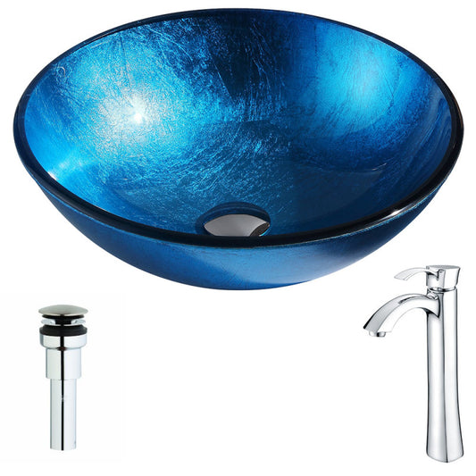 LSAZ078-095 - Arc Series 17 in. Bathroom Vessel Sink in Lustrous Light Blue Tempered Glass with Harmony Faucet in Polished Chrome