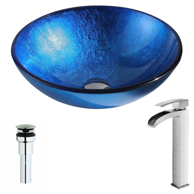 Clavier Series Deco-Glass Vessel Sink in Lustrous Blue with Key Faucet in Brushed Nickel
