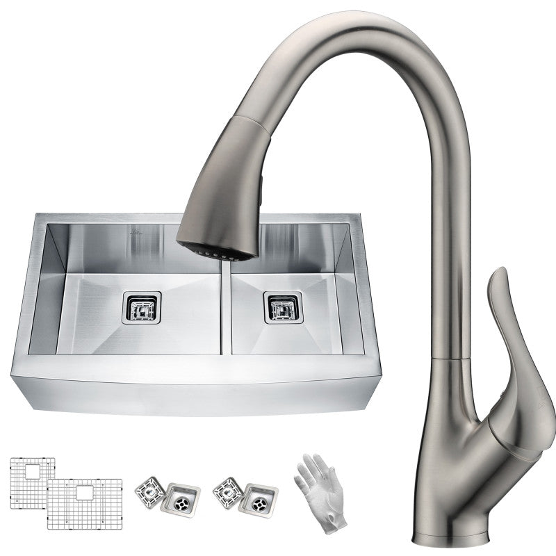 Elysian Farmhouse 36 in. 60/40 Double Bowl Kitchen Sink with Faucet in Brushed Nickel