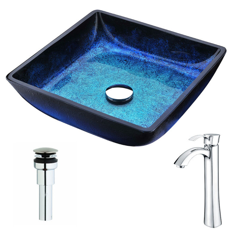 LSAZ056-095 - Viace Series Deco-Glass Vessel Sink in Blazing Blue with Harmony Faucet in Chrome