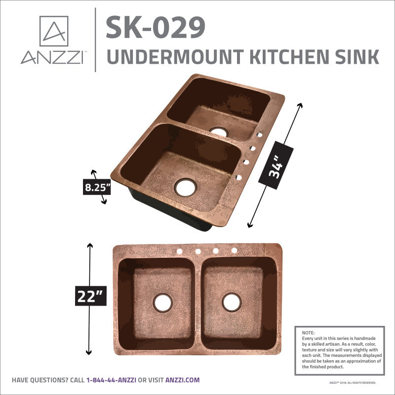 Elen Drop-in Handmade Copper 33 in. 4-Hole 50/50 Double Bowl Kitchen Sink in Hammered Antique Copper