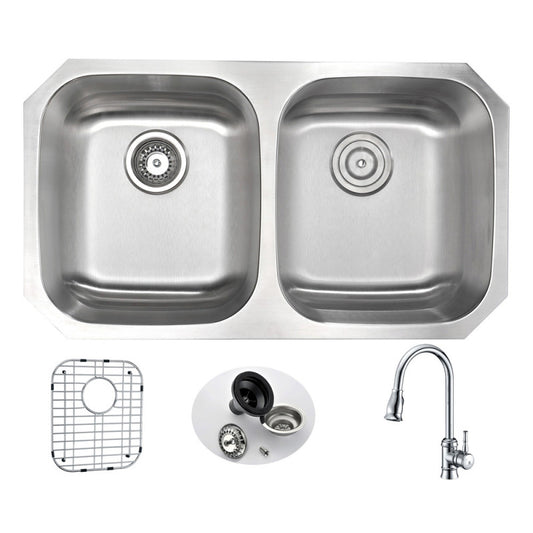 KAZ3218-044 - MOORE Undermount 32 in. Double Bowl Kitchen Sink with Sails Faucet in Polished Chrome