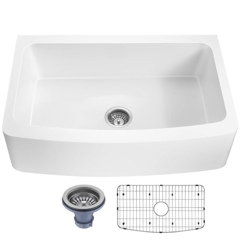 Prisma Series Farmhouse Solid Surface 36 in. 0-Hole Single Bowl Kitchen Sink with 1 Strainer in Matte White