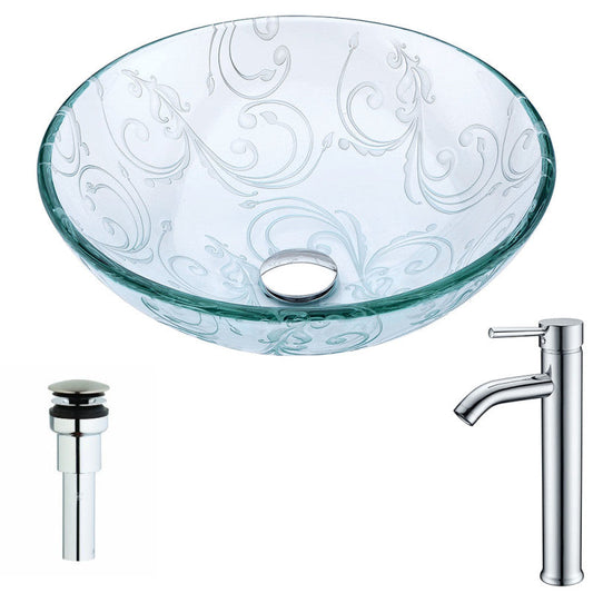 Vieno Series Deco-Glass Vessel Sink in Crystal Clear Floral with Fann Faucet in Chrome