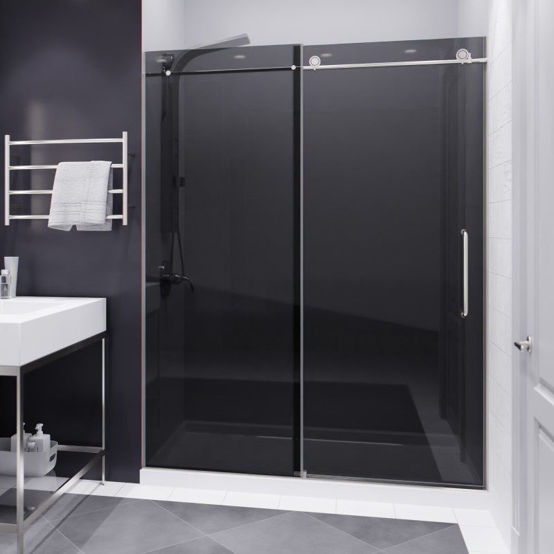 Leon Series 60 in. by 76 in. Frameless Sliding Shower Door in Brushed Nickel with Tinted Glass