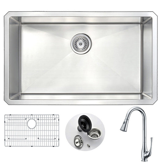 VANGUARD Undermount 30 in. Single Bowl Kitchen Sink with Singer Faucet in Polished Chrome