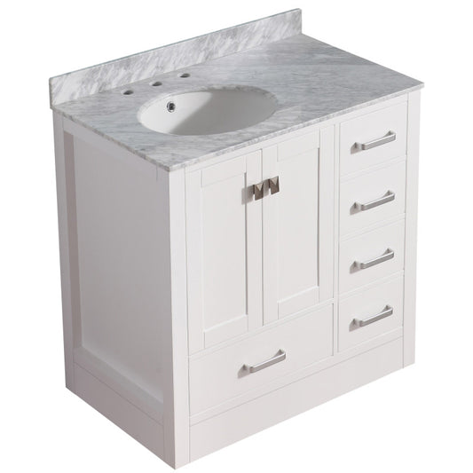 Chateau 36 in. W x 35 in. H Bath Vanity in Rich White with Carrara White Marble Vanity Top in Carrara White with White Basin