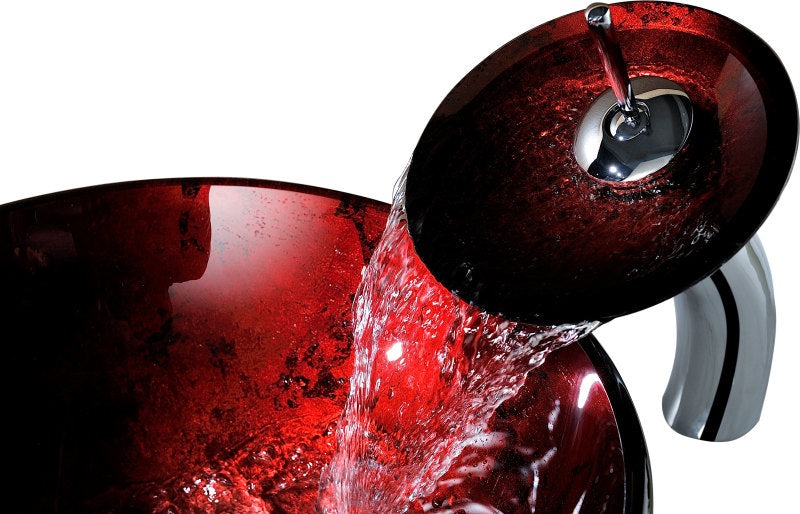 Marumba Deco-Glass Vessel Sink in Tempered Red and Black with Matching Chrome Waterfall Faucet