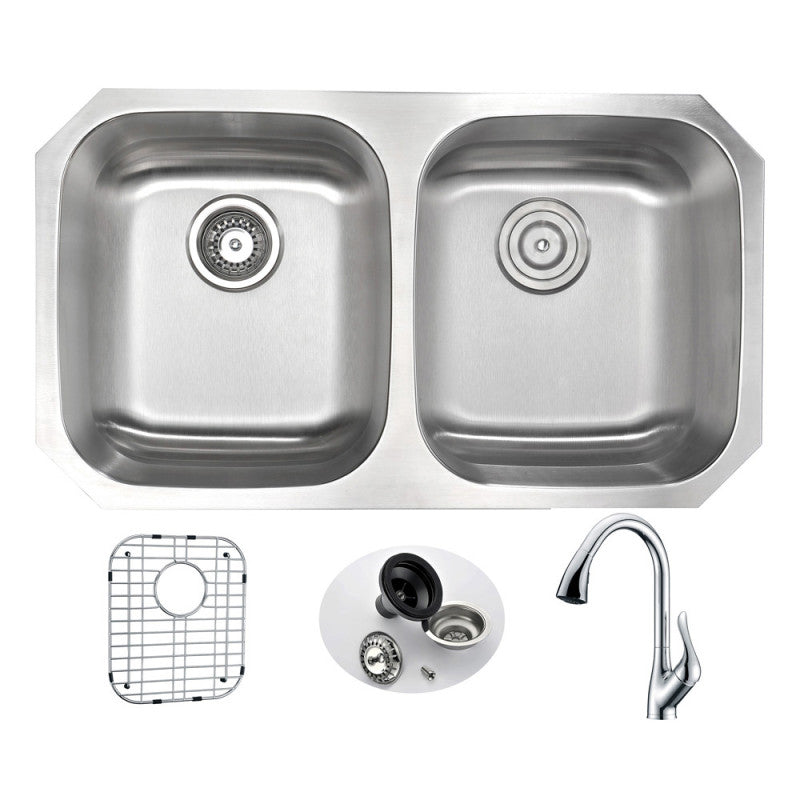 KAZ3218-031 - MOORE Undermount 32 in. Double Bowl Kitchen Sink with Accent Faucet in Polished Chrome