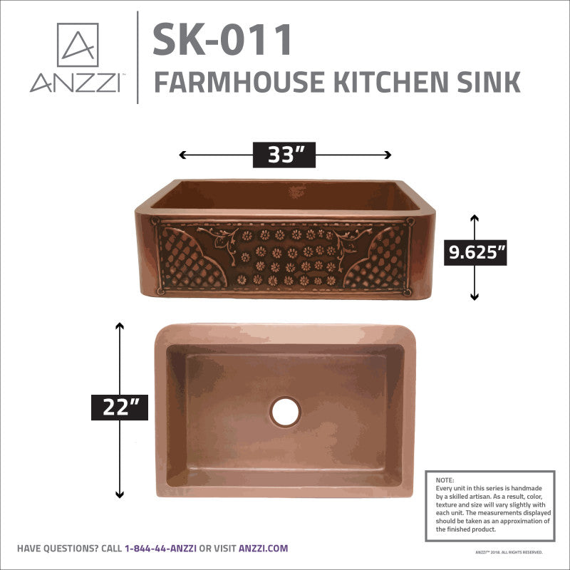 Macedonian Farmhouse Handmade Copper 33 in. 0-Hole Single Bowl Kitchen Sink with Flower Bed Design Panel in Polished Antique Copper