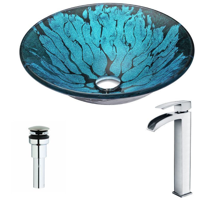 LSAZ046-097 - Key Series Deco-Glass Vessel Sink in Lustrous Blue and Black with Key Faucet in Polished Chrome