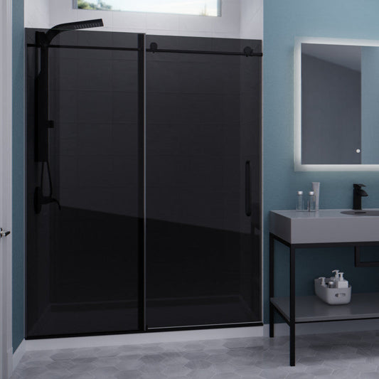 Leon Series 60 in. by 76 in. Frameless Sliding Shower Door in Matte Black with Tinted Glass