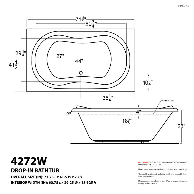 Atlantis Whirlpools Whisper 42 x 72 Rectangular Soaking Bathtub