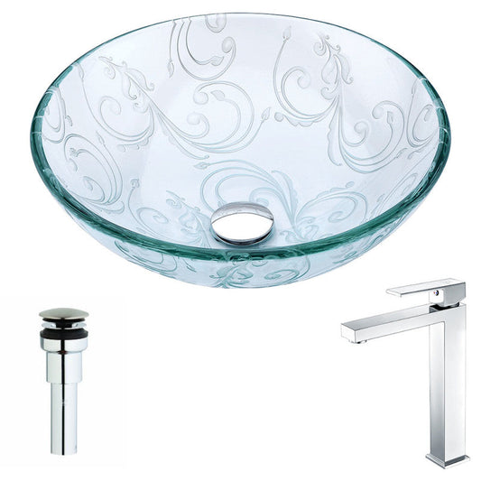 LSAZ065-096 - Vieno Series Deco-Glass Vessel Sink in Crystal Clear Floral with Enti Faucet in Chrome