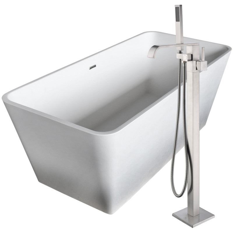 FTAZ501-0044B - Cenere 58.25 in. Solid Surface Soaking Bathtub in White with Angel Faucet in Brushed Nickel