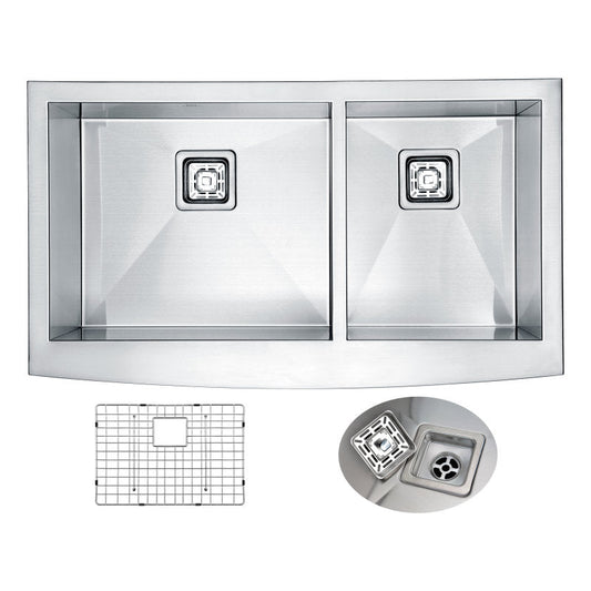 Elysian Farmhouse Stainless Steel 33 in. 0-Hole 60/40 Double Bowl Kitchen Sink in Brushed Satin
