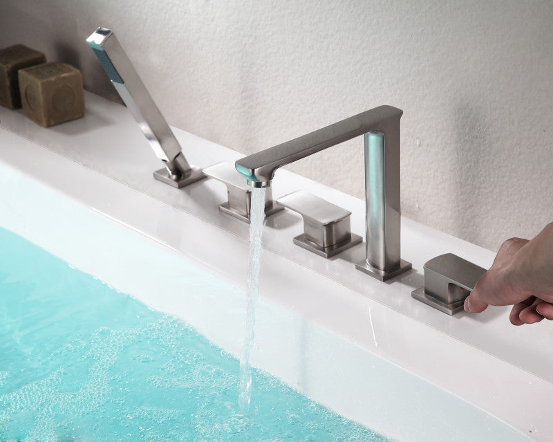 Shore 3-Handle Deck-Mount Roman Tub Faucet with Handheld Sprayer in Brushed Nickel