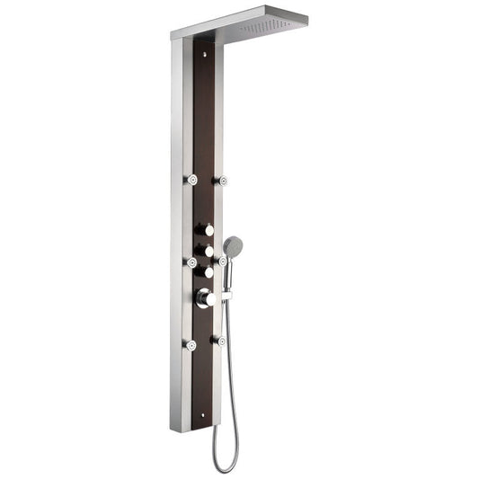 Kiki 59 in. 6-Jetted Shower Panel with Heavy Rain Shower and Spray Wand in Mahogany Deco-Glass