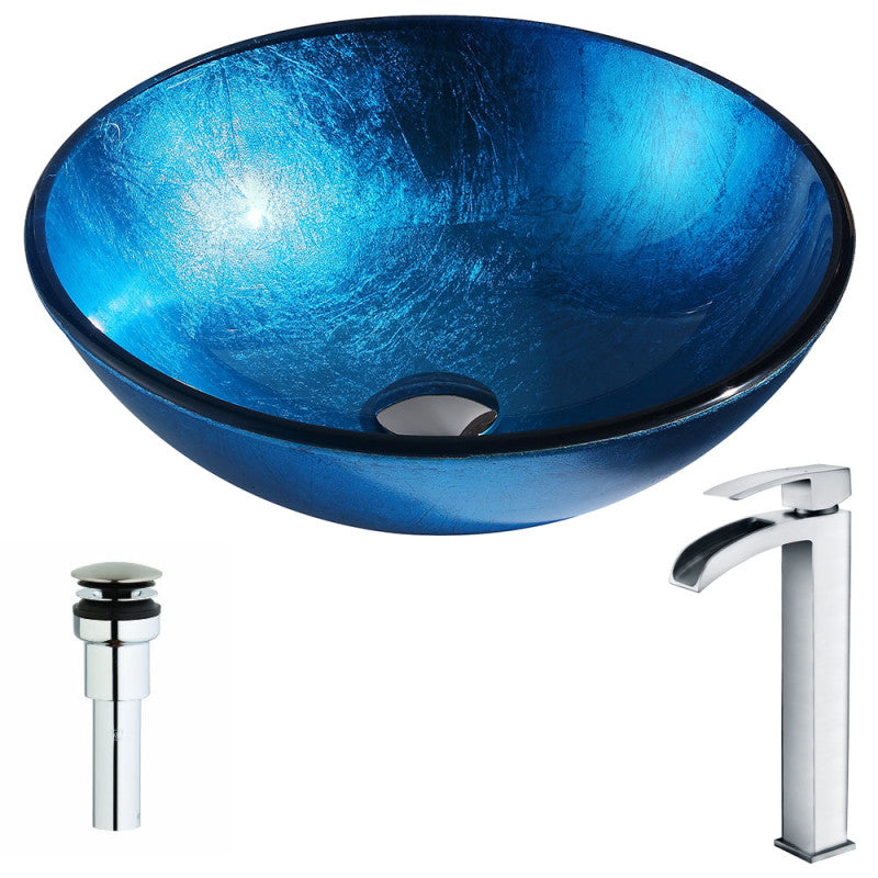 Arc Series Deco-Glass Vessel Sink in Lustrous Light Blue with Key Faucet in Polished Chrome