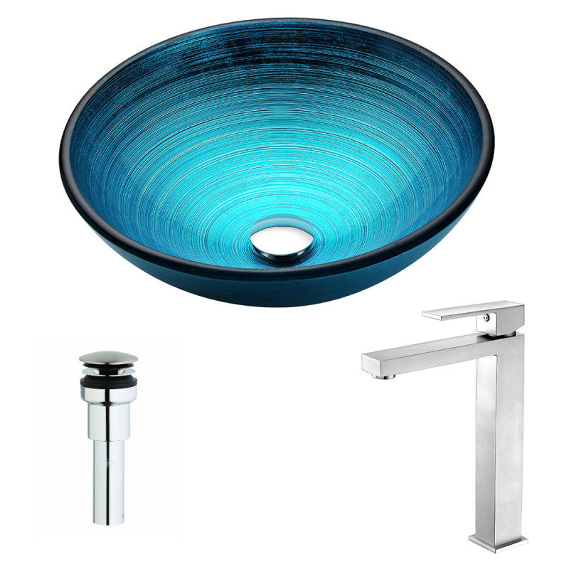 Enti Series Deco-Glass Vessel Sink in Lustrous Blue with Enti Faucet in Brushed Nickel