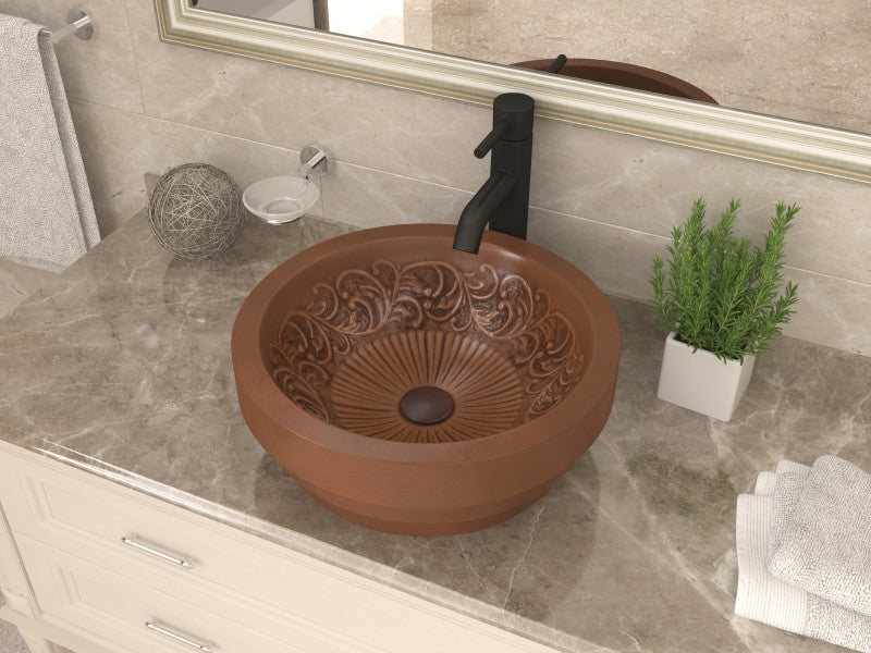 Thessaly 17 in. Handmade Vessel Sink in Polished Antique Copper with Floral Design Interior