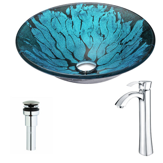 LSAZ046-095 - Key Series Deco-Glass Vessel Sink in Lustrous Blue and Black with Harmony Faucet in Chrome
