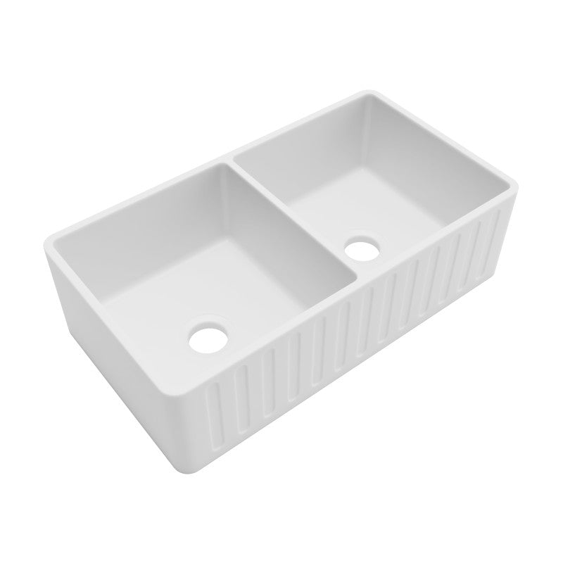 Roine Farmhouse Reversible Apron Front Solid Surface 33 in. 50/50 Basin Kitchen Sink in White