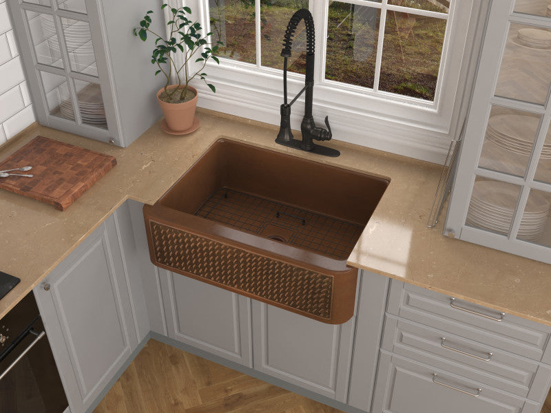 Edessa Farmhouse Handmade Copper 30 in. 0-Hole Single Bowl Kitchen Sink with Weave Design Panel in Polished Antique Copper