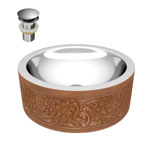 BS-008 - Cadmean 16 in. Handmade Vessel Sink in Polished Antique Copper with Floral Design Exterior