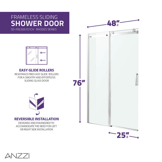Rhodes Series 48 in. x 76 in. Frameless Sliding Shower Door with Handle in Chrome