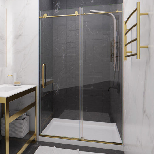 Leon Series 48 in. by 76 in. Frameless Sliding Shower Door in Brushed Gold with Handle