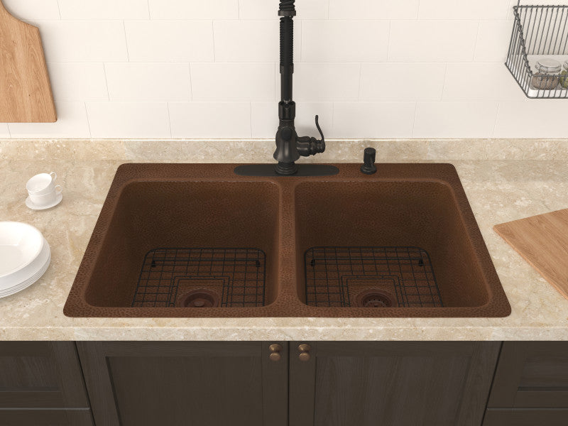 Elen Drop-in Handmade Copper 33 in. 4-Hole 50/50 Double Bowl Kitchen Sink in Hammered Antique Copper