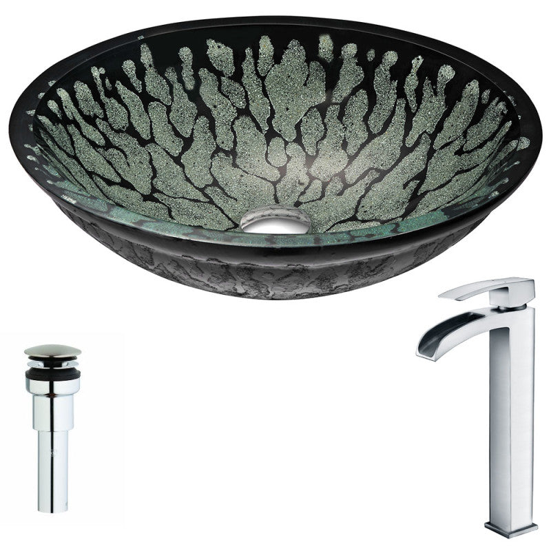 LSAZ043-097 - Bravo Series Deco-Glass Vessel Sink in Lustrous Black with Key Faucet in Polished Chrome