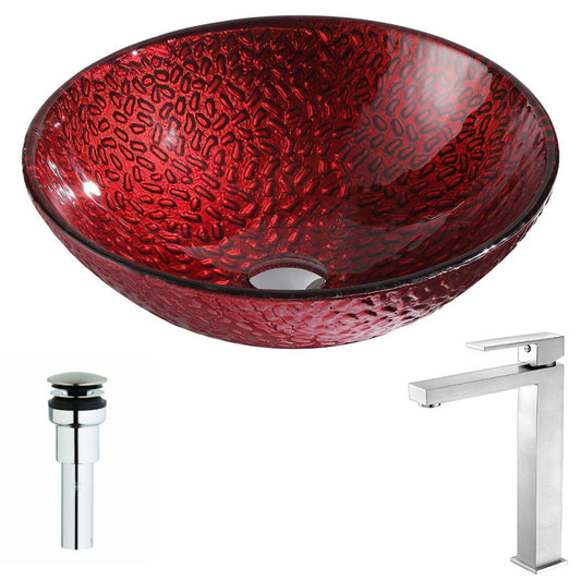 Rhythm Series Deco-Glass Vessel Sink in Lustrous Red with Enti Faucet in Brushed Nickel