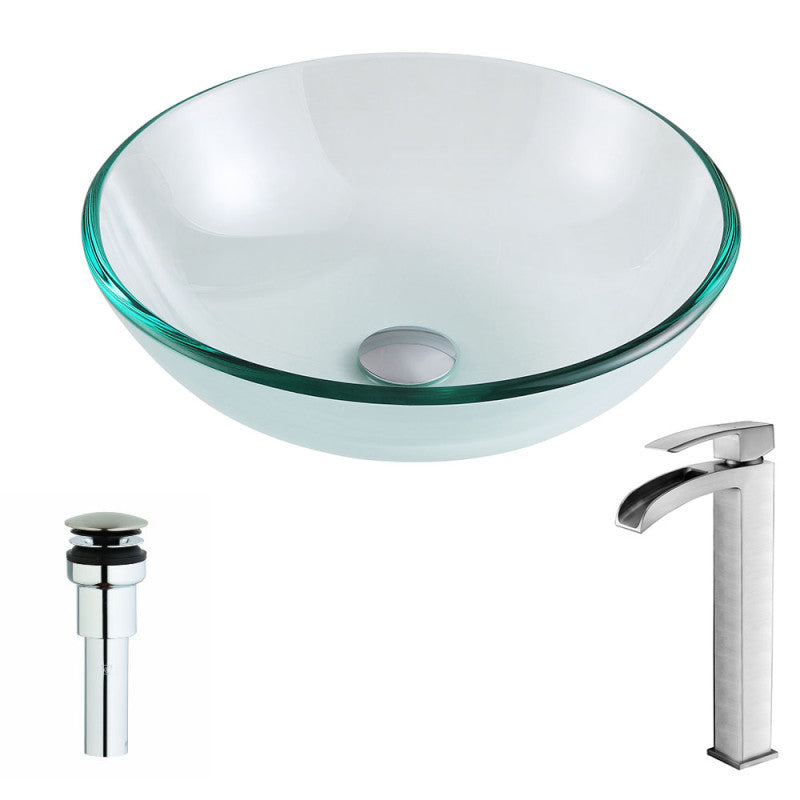 Etude Series Deco-Glass Vessel Sink in Lustrous Clear with Key Faucet in Brushed Nickel