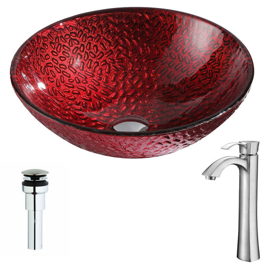 Rhythm Series Deco-Glass Vessel Sink in Lustrous Red Finish with Harmony Faucet in Brushed Nickel