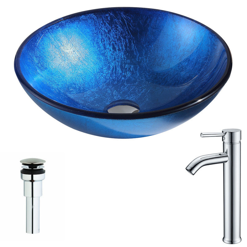 Clavier Series Deco-Glass Vessel Sink in Lustrous Blue with Fann Faucet in Chrome