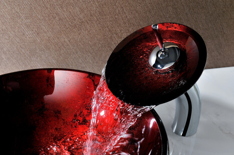 Marumba Deco-Glass Vessel Sink in Tempered Red and Black with Matching Chrome Waterfall Faucet