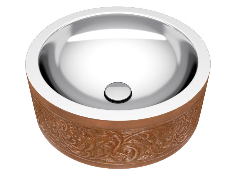 Cadmean 16 in. Handmade Vessel Sink in Polished Antique Copper with Floral Design Exterior