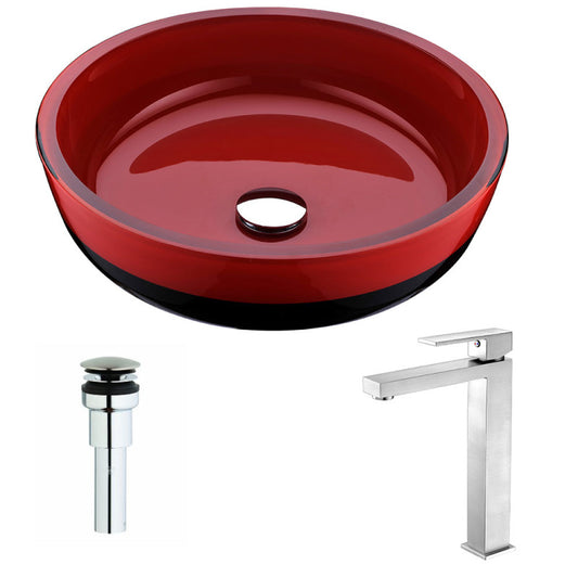 Schnell Series Deco-Glass Vessel Sink in Lustrous Red and Black with Enti Faucet in Brushed Nickel