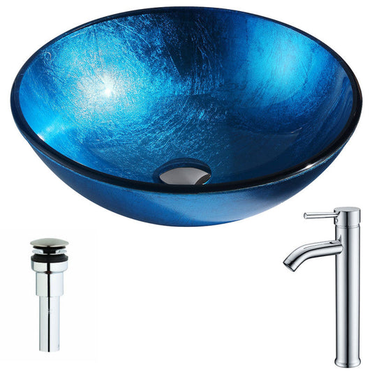 Arc Series Deco-Glass Vessel Sink in Lustrous Light Blue with Fann Faucet in Chrome