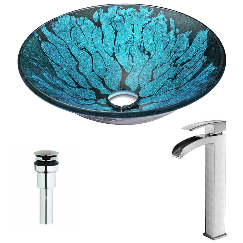 Key Series Deco-Glass Vessel Sink in Lustrous Blue and Black with Key Faucet in Brushed Nickel